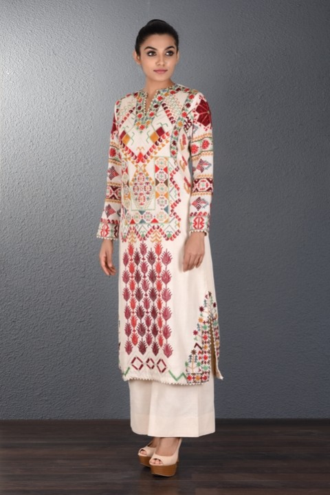 Off White Hand Aari Embroidered Tunic